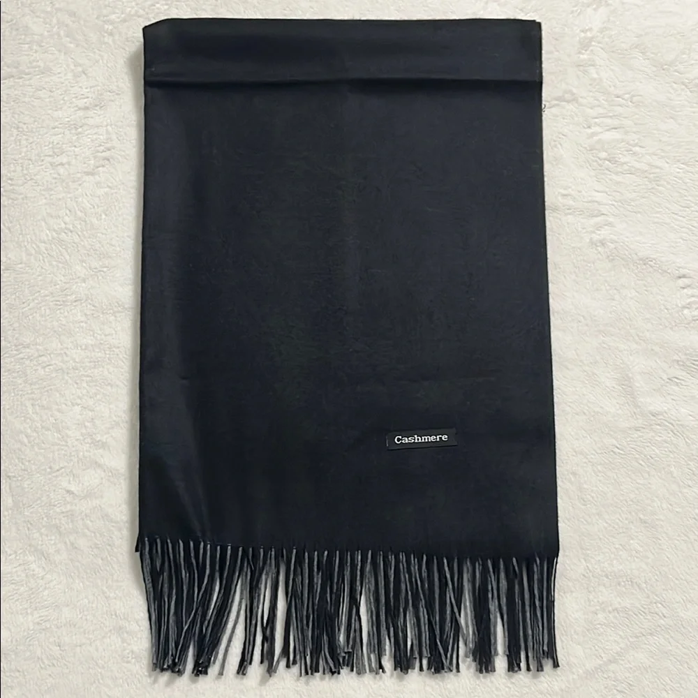 Black Cashmere Wool Blend Scarf with Fringe